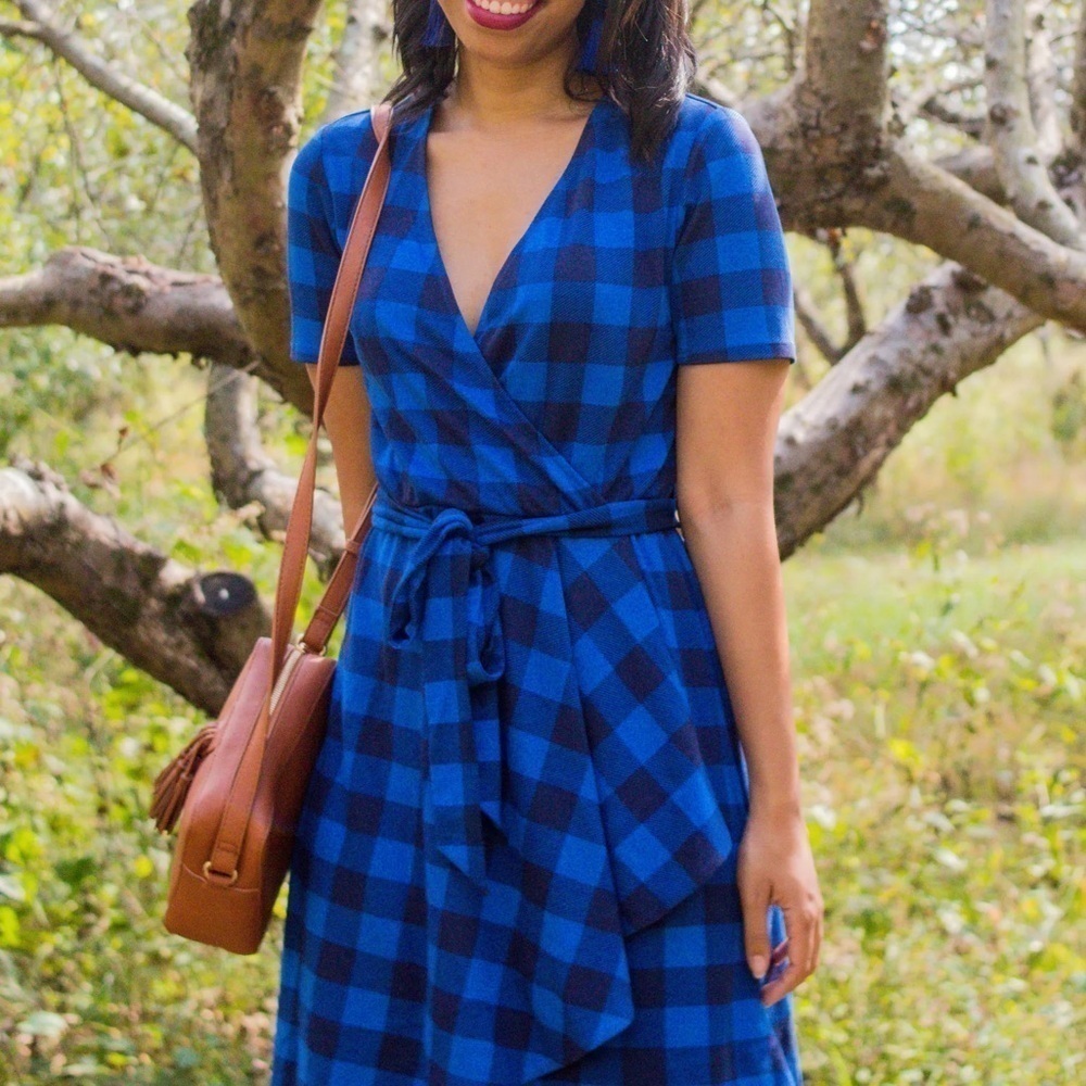 Draper James Buffalo Check Plaid Tie Waist Faux Wrap Dress -Blue & Black -Medium - Picture 12 of 12